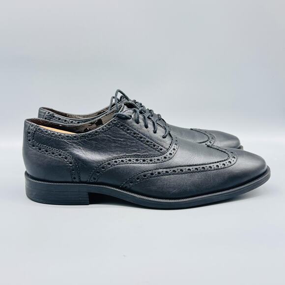 Cole Haan Shoes Men 9 Black Leather Wingtip Brogue Oxford Slip On Lace Up Dress - Picture 1 of 13